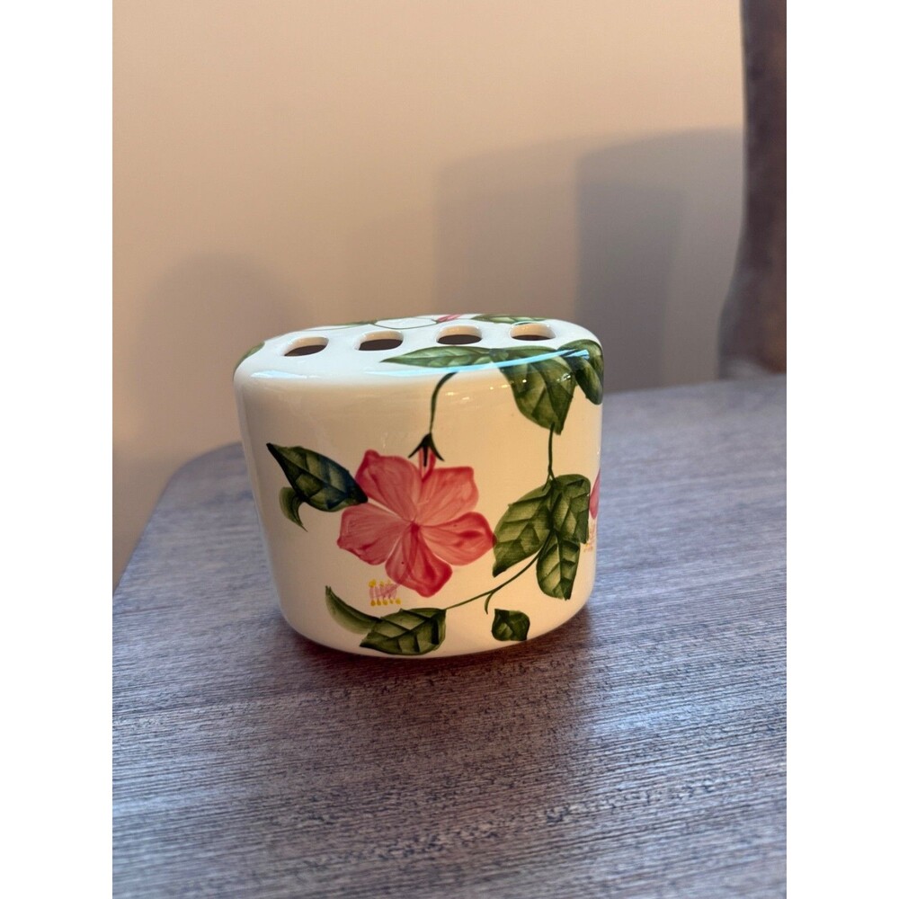 Ceramic Toothbrush Holder with Tropical Hibiscus Floral Design